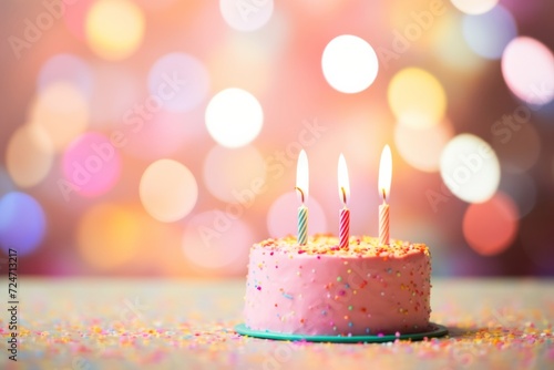 birthday cake with candles on table in bokeh background