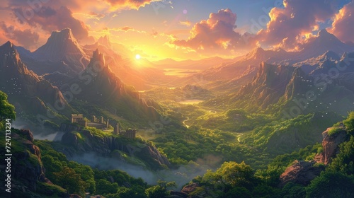Beautiful panorama view of the valley and mountains at sunrise