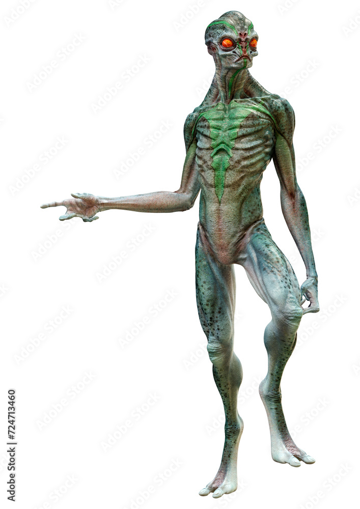 3D Rendering Green Alien on White 3D Rendering Green Alien on White