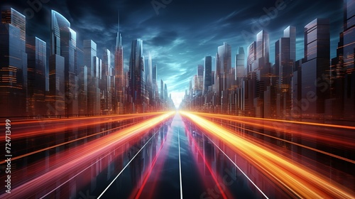 Speed light trails path through smart modern mega city and skyscrapers town with neon futuristic technology background, future virtual reality, motion effect, high speed light