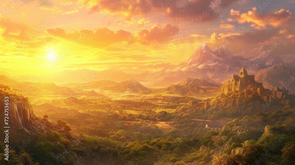 Obraz premium Beautiful panorama view of the valley and mountains at sunset.