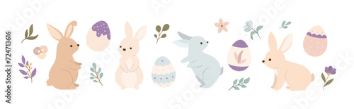 Easter bunnies in different poses with eggs and flowers