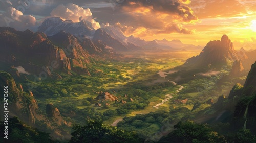 Beautiful panorama view of the valley and mountains at sunrise