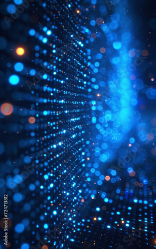 Blue Digital Particle Wave. A dynamic digital wave of blue particles on a dark background, representing data flow or network communication.