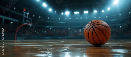 Close up of basketball on arena stadium court floor with spotlights. AI generated images © is