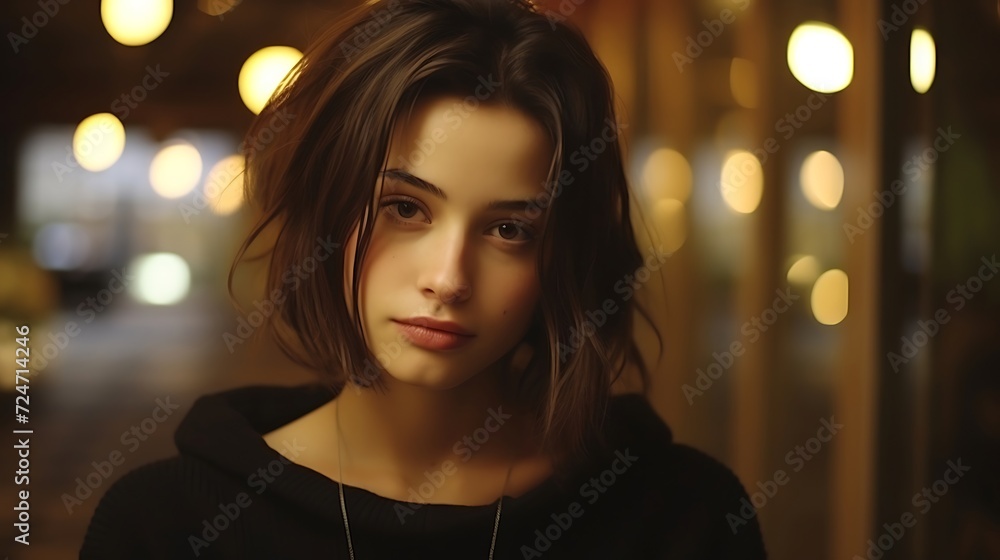 Portrait of a beautiful young brunette girl in a black coat.