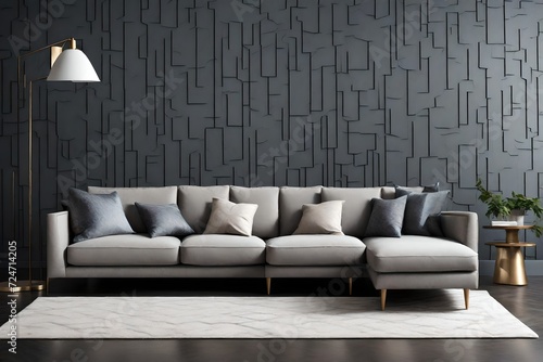 a vivid description of a contemporary modular sofa placed elegantly against a sleek slate gray solid color pattern wall