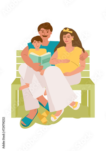 Happy family, parents with a child resting on a bench in the summer. A father with a small son in his arms reads a book and hugs his pregnant wife. Vector color illustration.