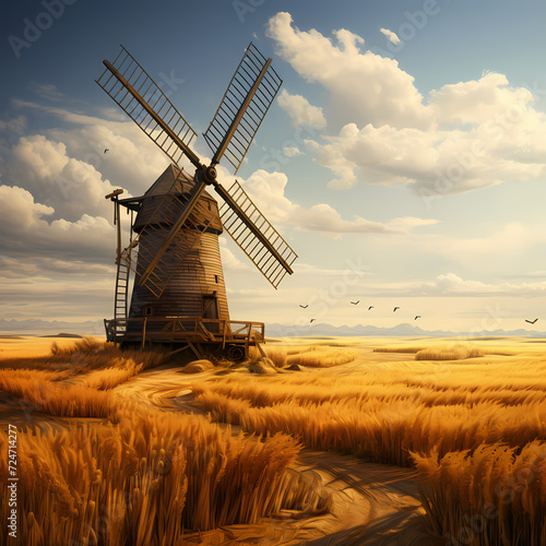 Rustic windmill standing tall in a golden wheat field