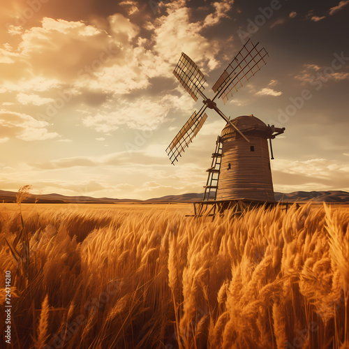 Rustic windmill standing tall in a golden wheat field