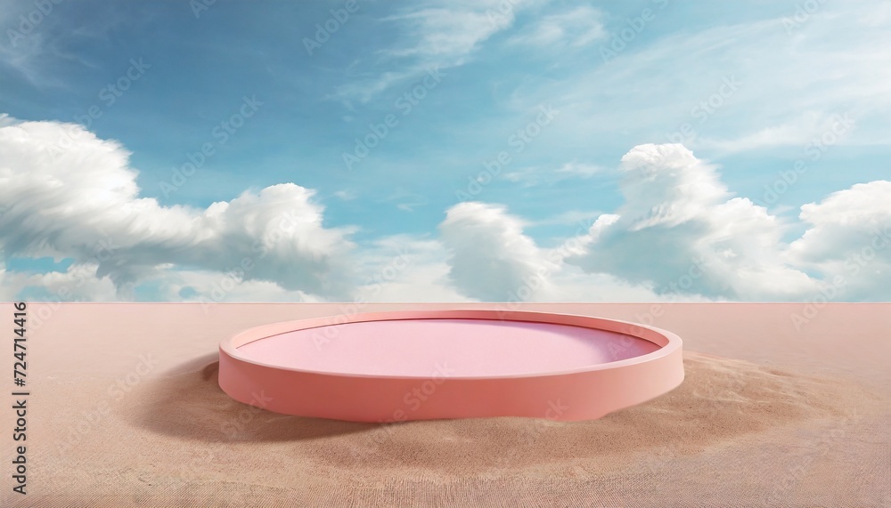 the 3d rendering landscape model of a pink sandbox with a circle display platform on the floor and cloudy sky like heaven background generative ai