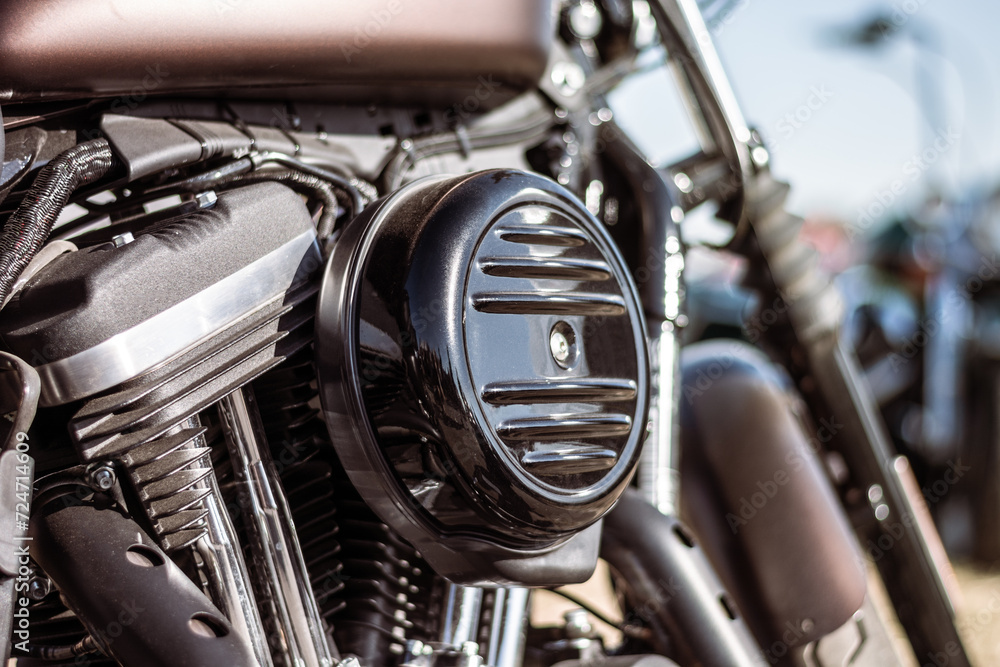 Fototapeta premium Close-up of the engine of a custom motorcycle. Selective focus.