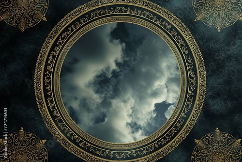 3d wallpaper ceiling pattern black and golden frame luxury mandala sky with moon background