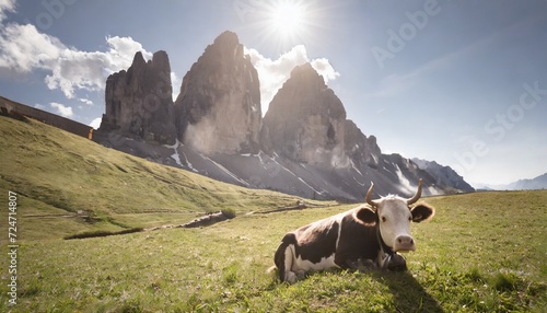 beautiful cow resting on a mountain meadow at the dolomites trentino alto adige south tyrol in italy photo