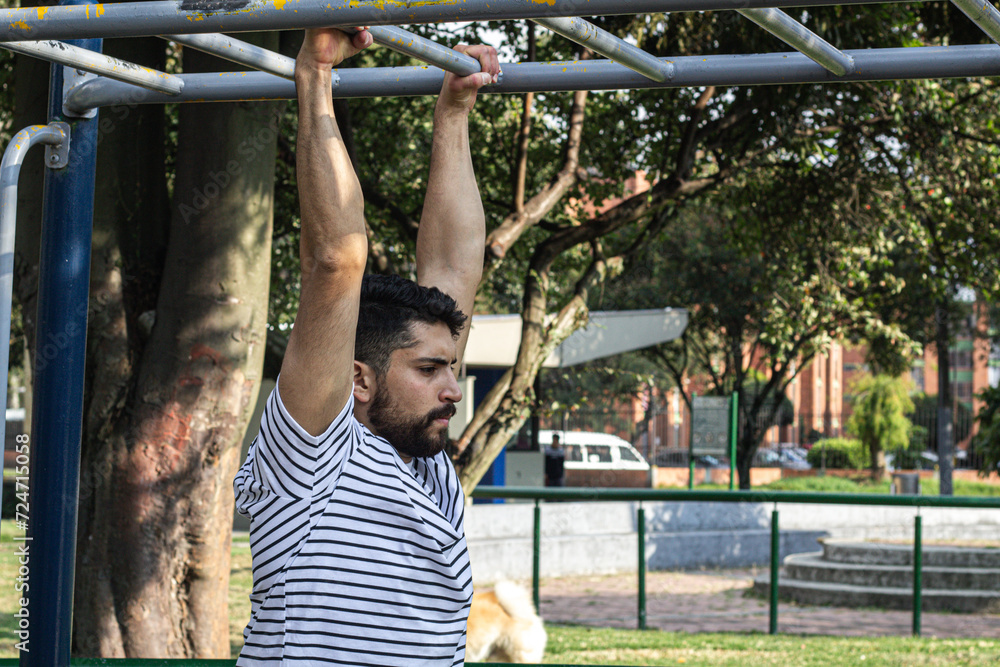 attractive young man exercising on bar in a park outdoors training arm strength exercise attractive young man exercising on bar in a park outdoors training arm strength exercise