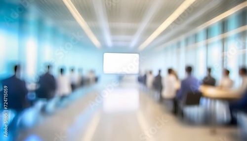 corporate blur unfocused figures and large screen in a convention room © Kelsey