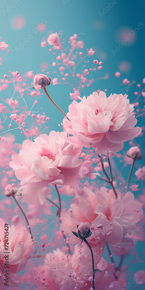 Blossoming pink peonies with dewdrops against a dreamy teal background. Phone wallpaper.