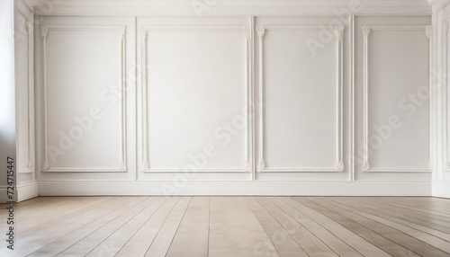 Fotografia close up of decorative moulding white baseboard in empty room with copy space