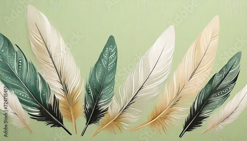 beautiful decorative feathers on a light pistachio background interior printing the mural art © Kelsey