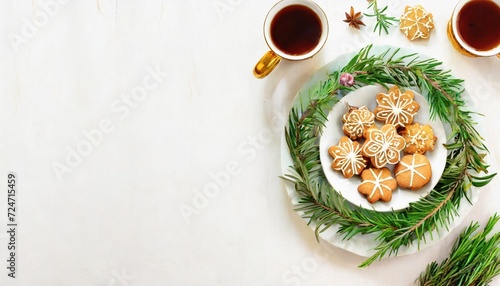 plate with christmas gingerbread cookies decorated with wreath made of rosemary on white table top view copy space banner for website