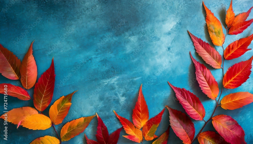 autumn background with colored red leaves on blue slate background top view copy space