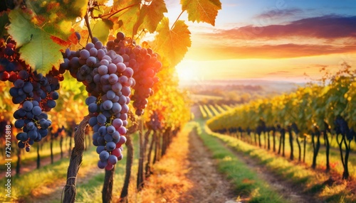 grape harvest vineyards at sunset in autumn harvest ripe grapes in fall vineyard with ripe grapes in countryside at sunset nature background with vineyard in autumn harvest ripe grapes in fall