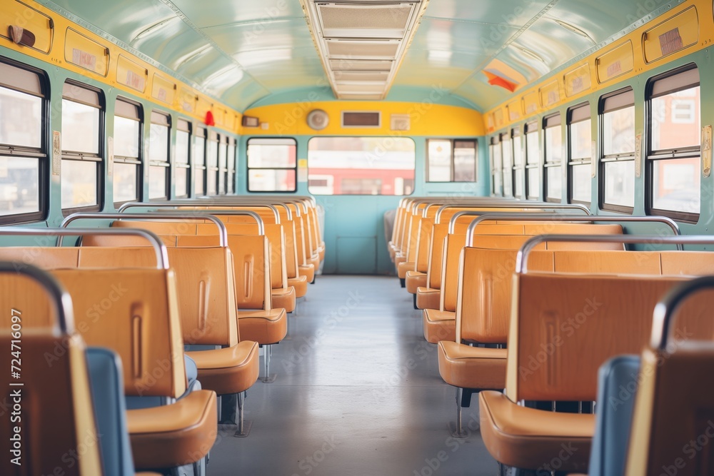 school bus interior view with rows of empty seats