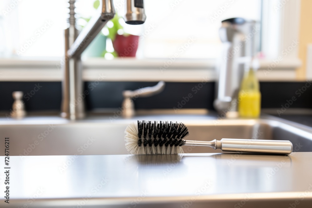 a scrub brush resting at the edge of a stainless steel sink a scrub brush resting at the edge of a stainless steel sink