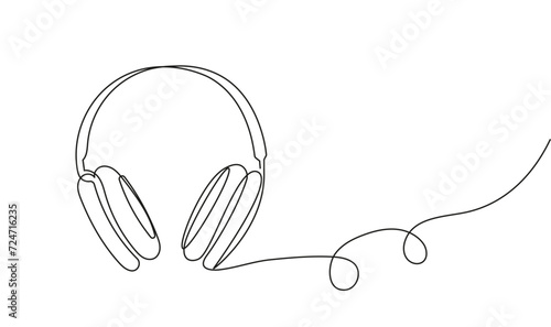 Headphone with heart in continuous line style. Invitation card in outline style. Romantic vector illustration for Editable stroke.