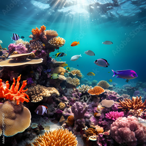 Vibrant underwater coral reef with diverse marine life © Cao