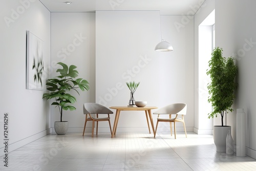 Interior design of a contemporary white room with chairs, a table, and plants