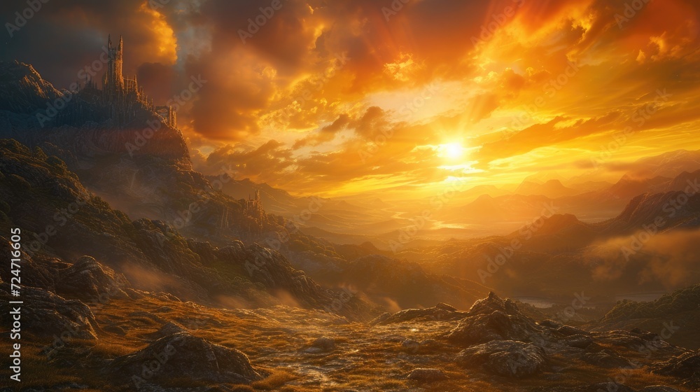 Fantasy landscape with castle and mountain at sunset. 3d illustrations