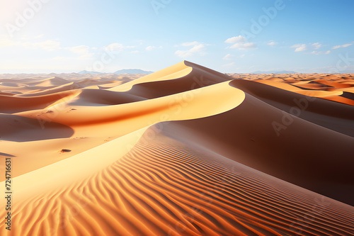 Desert hill under blue sky. orange sand texture in Empty Quarter Desert Sand dunes. Abstract sand texture background. Realistic clipart template pattern.