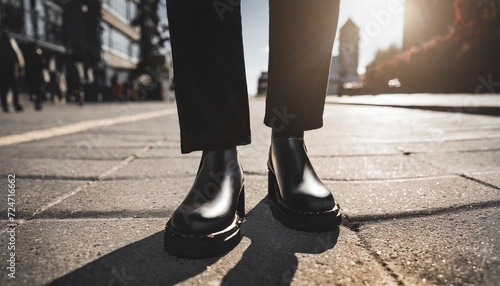 chelsea boots classic black leather rubber sole focus on legs of hipster woman wearing large oversized wide leg black trousers shot on street with shadows on pavement