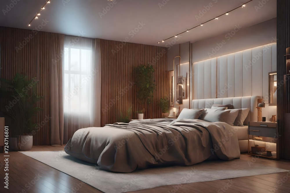  A modern bedroom with soft lighting, a large bed and headboard, a cozy blanket on top of the bed