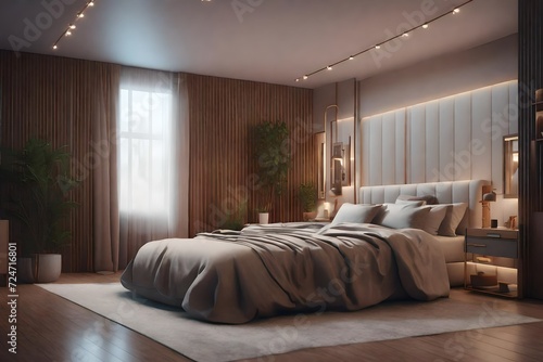  A modern bedroom with soft lighting, a large bed and headboard, a cozy blanket on top of the bed © Waqar
