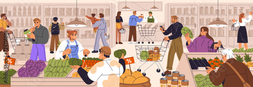 People buy food in supermarket panorama. Consumers choose products on grocery shelves in market. Customers push cart in shop. Characters make purchases in retail store. Flat vector illustration