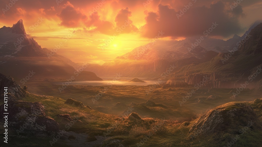 Fantasy landscape with mountains at sunset. 3d illustration
