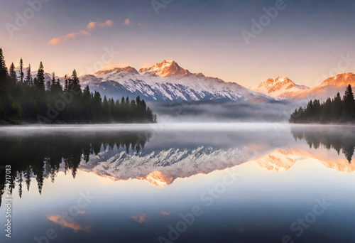 A tranquil sunrise over a mist-covered mountain lake