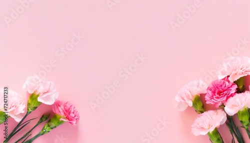 pink carnations on pink background banner with flowers in pastel colours