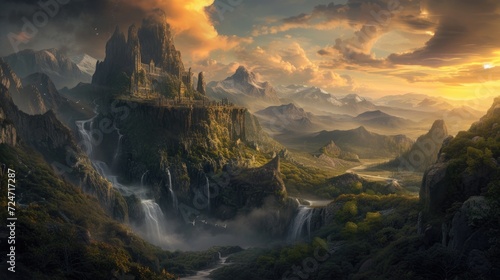 Fantasy landscape with a waterfall and mountains in the background at sunset © MrHamster