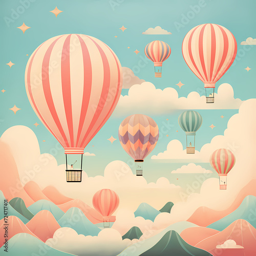 Whimsical hot air balloons against a pastel sky.