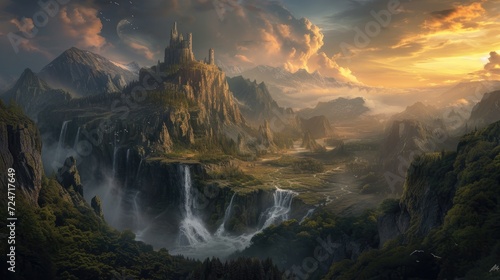 Fantasy landscape with a waterfall and mountains in the background at sunset