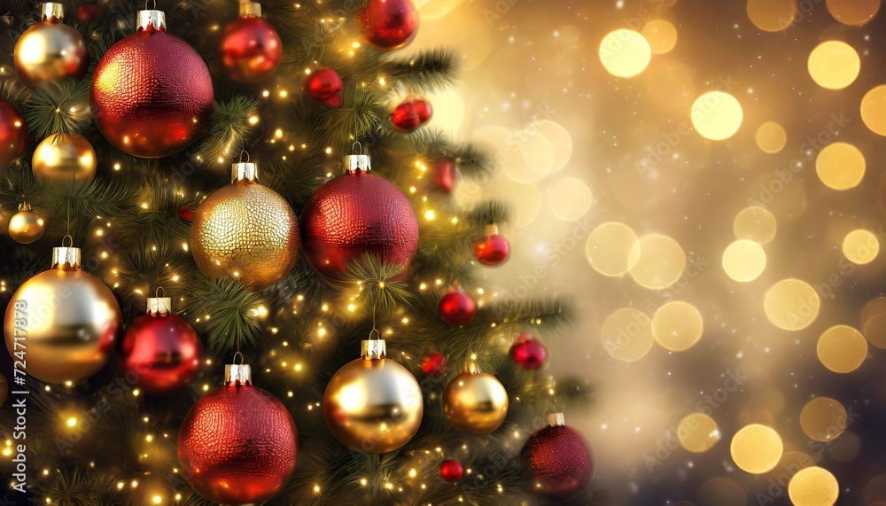 christmas tree with red gold ornaments and baubles on blurred bokeh lights background generative ai
