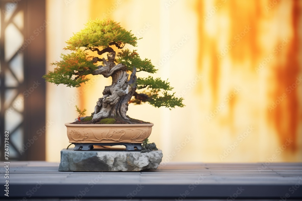 bonsai tree on a stone pedestal in morning light bonsai tree on a stone pedestal in morning light