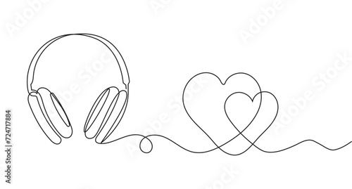 Headphone with heart in continuous line style. Valentine invitation card in outline style.