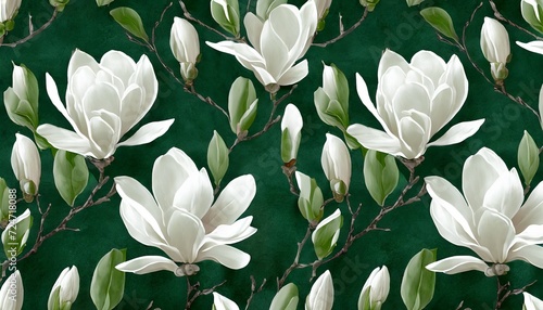 abstract of white magnolia flowers on a dark emerald background print for interior printing