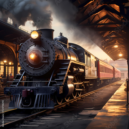 Old-fashioned train station with steam locomotive. 