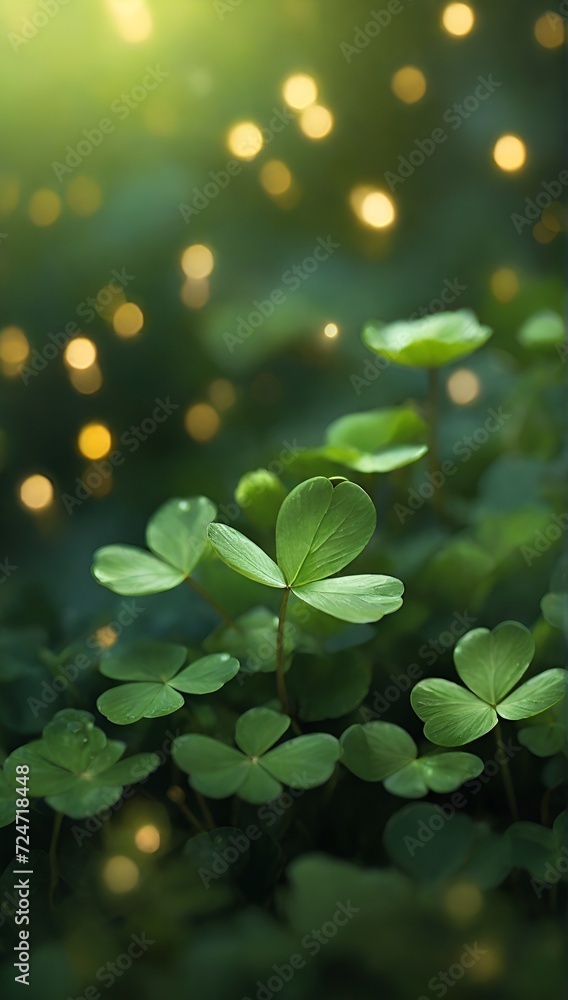 Festive background with shining green four-leafed clover shamrocks and golden bokeh in a green. St. Patrick's Day backdrop. Generative AI-Four-Leafed Clover in Green Background,good luck illustration