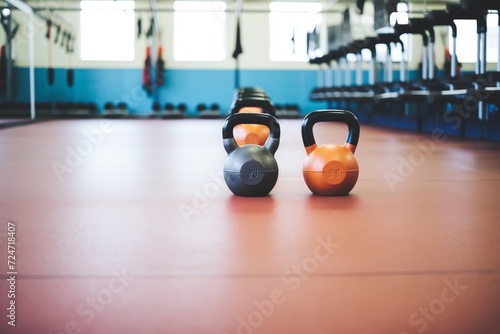 heavy kettlebells lined up in a row on an empty gym floor